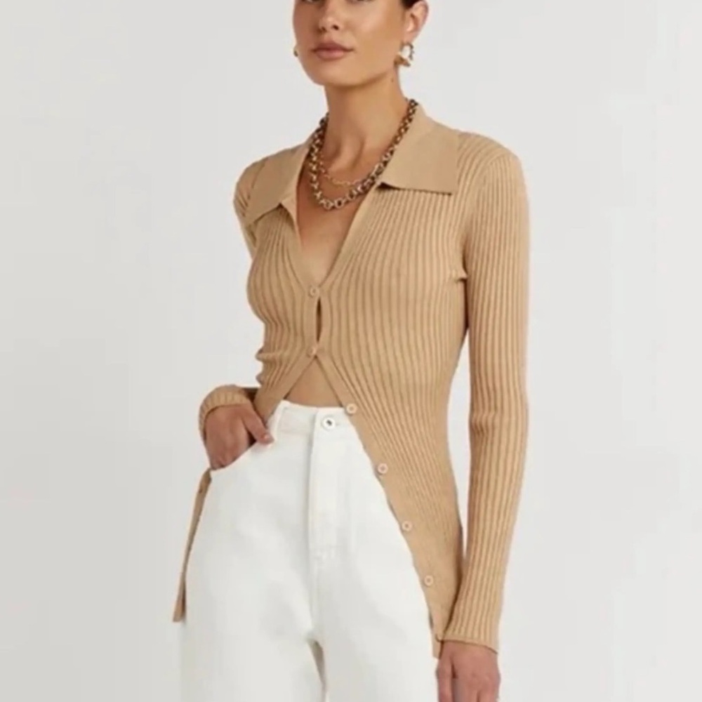 Diish- Tan Ribbed Button-Detail Slim Fit Longsleeve Top